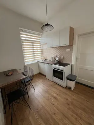 a kitchen with white cabinets and a table with chairs at Old Capital in Cetinje