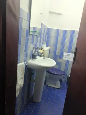 a blue tiled bathroom with a sink and a toilet at Vila Marija in Podgorica