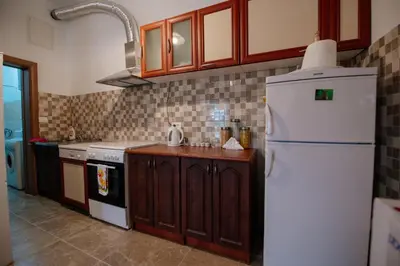 a kitchen with a white refrigerator and a stove at Omni S Apartments in Bar