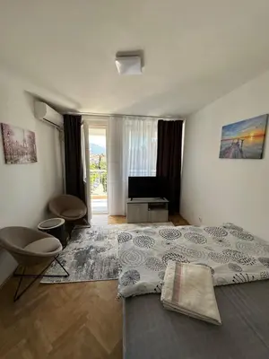 a bedroom with a large bed and a living room at Alex Apartments in Podgorica