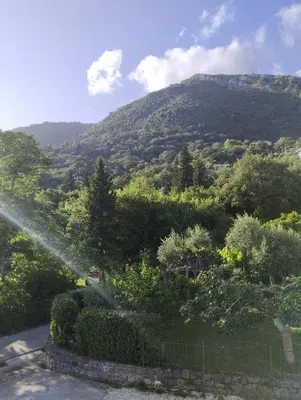 a garden with a sprinkler spraying water on a mountain at Apartmani Radmanovic in Tivat