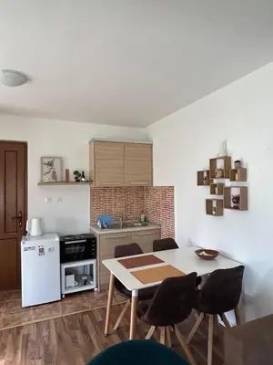 a kitchen with a table and chairs in a room at Studio Nik in Cetinje