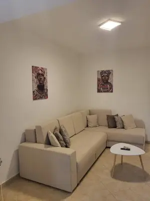 a living room with a couch and two pictures on the wall at Apartman Vučko in Rafailovici