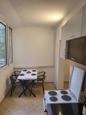 a kitchen with a stove and a table with chairs at Apartman Vučko in Rafailovici