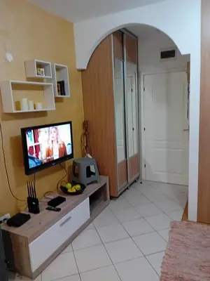 a living room with a flat screen tv on a wall at Apartman,,Siv,, Prijevor in Budva