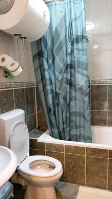 a bathroom with a toilet and a blue shower curtain at Engie Apartment in Budva