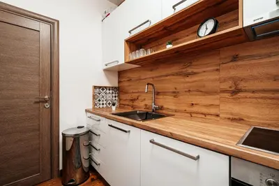 a kitchen with a sink and a wooden wall at Budva Gate by In Property in Budva