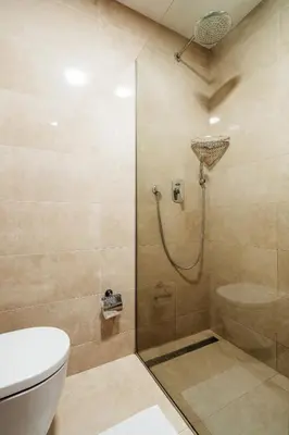 a bathroom with a shower and a toilet at Central studio by In Property in Budva