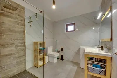 a bathroom with a shower and a toilet and a sink at Sutorman 2 Villa D&B in Zupci
