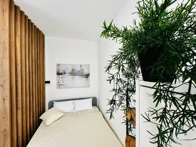 a room with a bed and two potted plants at Apartment for you in Bar