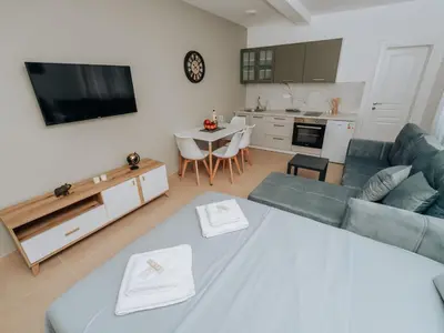 a living room with a blue couch and a kitchen at Apartments Milivojevic in Bar