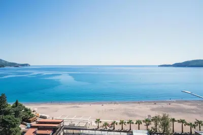 a view of a beach with palm trees and the ocean at Invictus Hotel in Budva