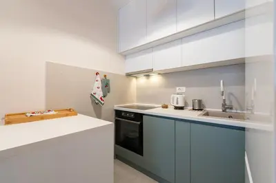 a kitchen with white cabinets and a sink at Geppetto Apartment in Podgorica