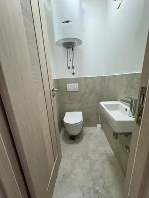 a bathroom with a toilet and a sink at Rafailovici Beachfront Apartment in Budva