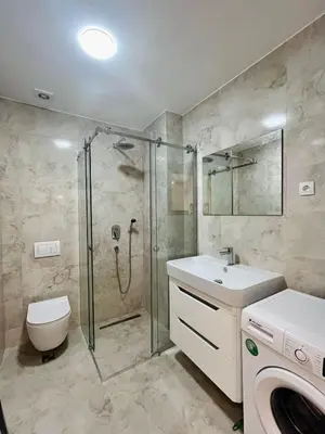a bathroom with a shower and a toilet and a sink at Rafailovici Beachfront Apartment in Budva