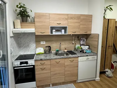 a small kitchen with a sink and a stove at Eleven in Podgorica