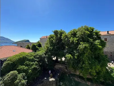 a person standing under two trees next to a building at Santa Maria - Old Town Apartment in Budva