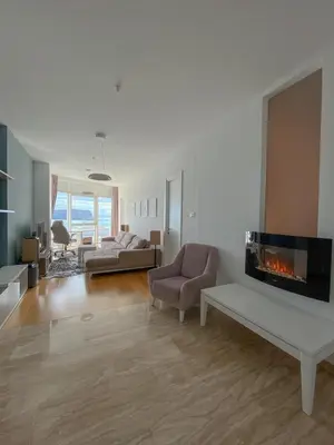 a living room with a couch and a fireplace at Apartment in Tre Canne in Budva