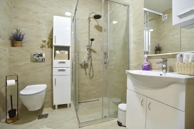 a bathroom with a shower and a toilet and a sink at Dolami residence in Becici