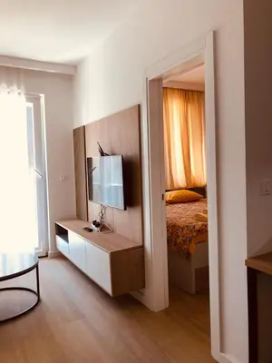 a room with a bedroom with a bed and a mirror at DH Horizon Residences in Budva