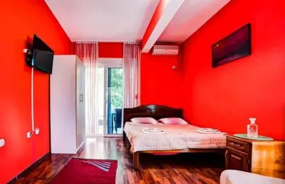 a bedroom with red walls and a bed with pink pillows at Apartment Donji Stoj, Ulcinj, rosso in Donji Štoj