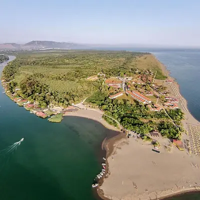 an aerial view of an island in the water at Apartmen Donji Stoj, yellow in Donji Štoj