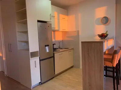 a small kitchen with a refrigerator and a counter at Apartment Becici in Becici