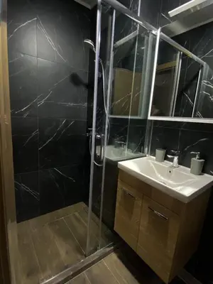 a bathroom with a shower and a sink at Masha Apartment in Budva