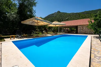 a blue swimming pool with an umbrella and a house at NAJ village in Cetinje