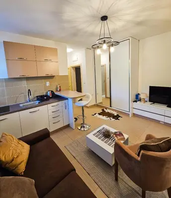 a kitchen and a living room with a couch and a table at Boulevard Apartments in Kotor