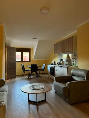 a living room with a couch and a table at Apartmani Bulevar in Cetinje