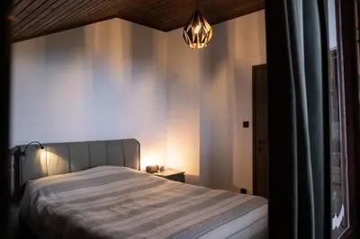 a bedroom with a bed and a chandelier at Villa Concordia in Budva