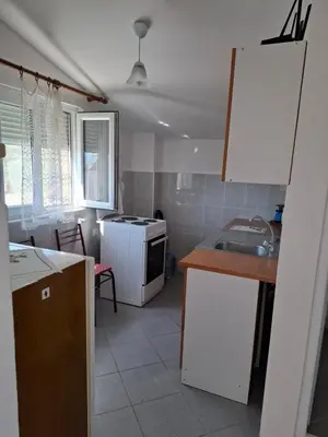 a kitchen with a sink and a stove top oven at Aleksandrija in Čanj