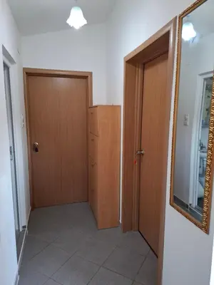 a hallway with a closet and a door and a mirror at Aleksandrija in Čanj