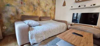 a bedroom with a bed and a table and a tv at Kan in Podgorica