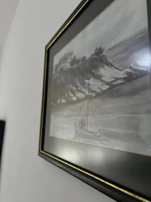 a picture of a painting of a boat in the water at Kontiki Apartments 2 in Ulcinj