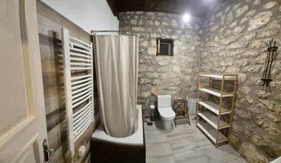 a stone bathroom with a shower and a toilet at Holiday home Zlatna Glavica in Podgorica