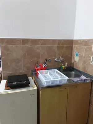 a kitchen with a sink and a dish rack on the counter at Montenegrinbeautystar in Bar