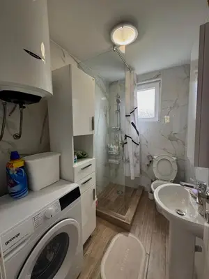 a bathroom with a washing machine and a sink at Lakeside Harmony Apartment in Golubovci