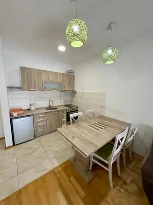 a large kitchen with a wooden table and chairs at Cozy 1 bedroom APT with free parking in Podgorica