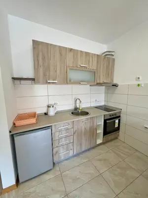 a kitchen with wooden cabinets and a sink at Cozy 1 bedroom APT with free parking in Podgorica