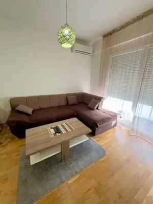 a living room with a brown couch and a coffee table at Cozy 1 bedroom APT with free parking in Podgorica