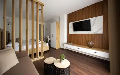 a bedroom with a bed and a tv on a wall at GAVIA Apartments - Ulcinj in Ulcinj