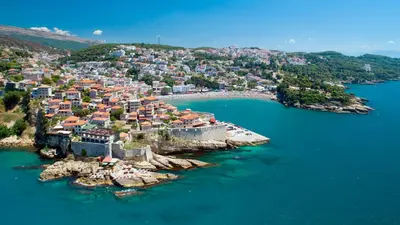 an aerial view of a small island in the water at Bumax Apartments in Ulcinj