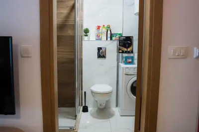 a bathroom with a toilet and a washing machine at Apartman Palma, Budva in Budva