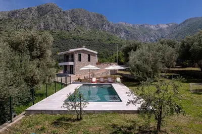 a house with a swimming pool in front of a mountain at Family House Giardino Verde in Bar