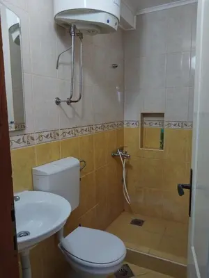 a bathroom with a toilet and a sink and a shower at Apartmanes Volaric M in Sutomore