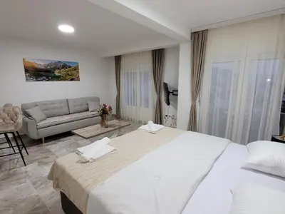a hotel room with a large bed and a couch at Montenegro Apartments Phoenix With Pool in Bar