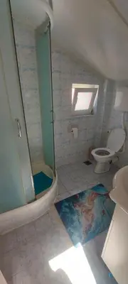 a bathroom with a shower and a toilet and a sink at Helen's apartments in Budva