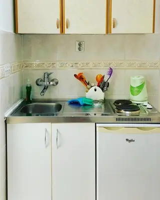 a kitchen counter top with a sink and a sink at Helen's apartments in Budva